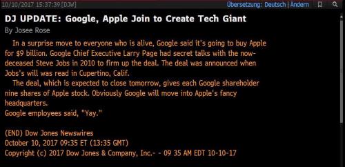 “Technical Error” Blamed For Dow Jones Fake News That Google Is Buying Apple